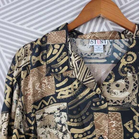 Vintage 100% Silk Top Button Up Plus Size 2X Geometric Art To Wear Snake Print - Picture 3 of 6